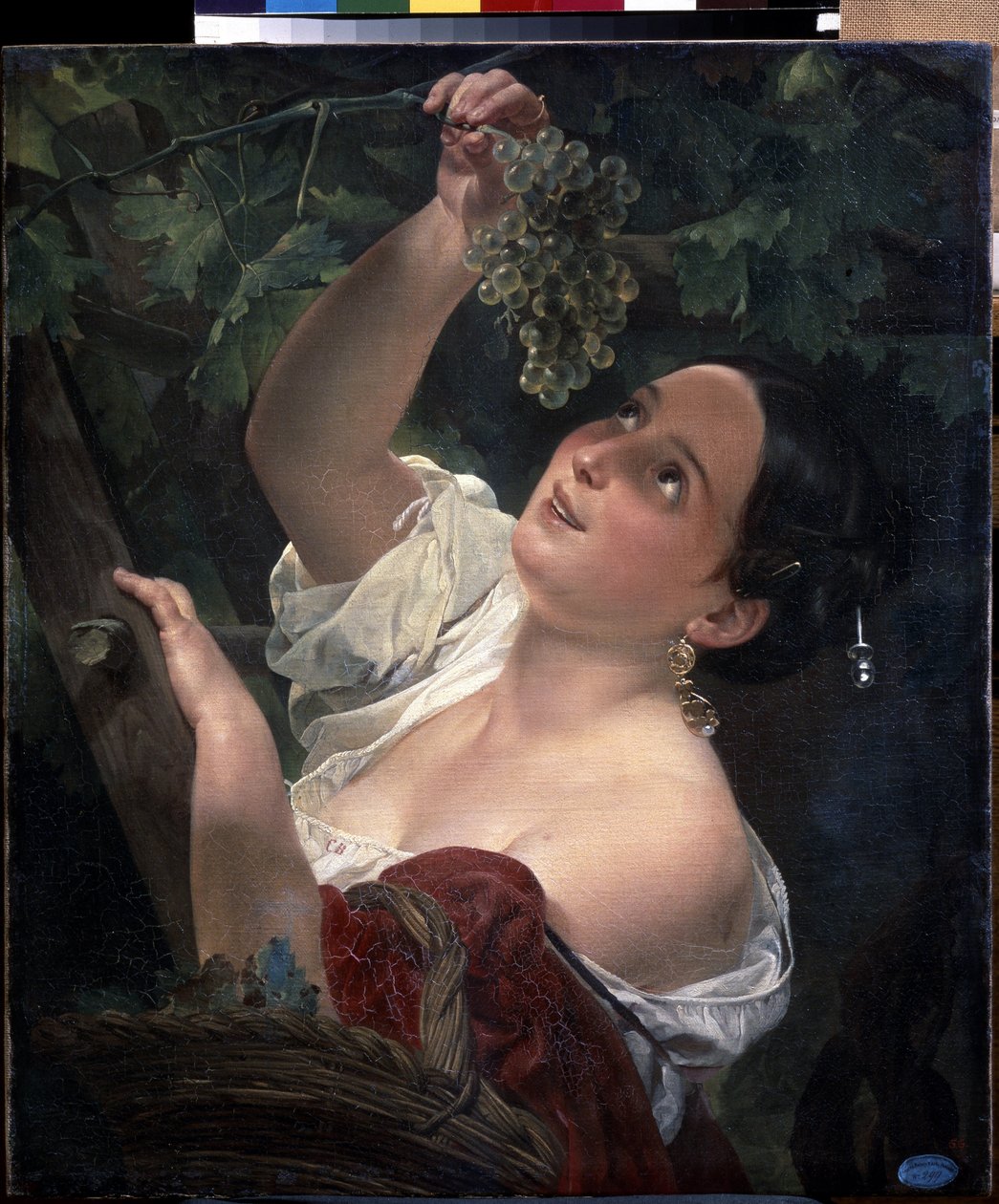 Meio-dia italiano (meio-dia italiano). Jovem, ombro nu, colhendo um cacho de uvas - Pintura de Karl Pavlovich Briullov (Briullov) (1799-1852) - óleo sobre tela de Karl Pavlovich Bryullov