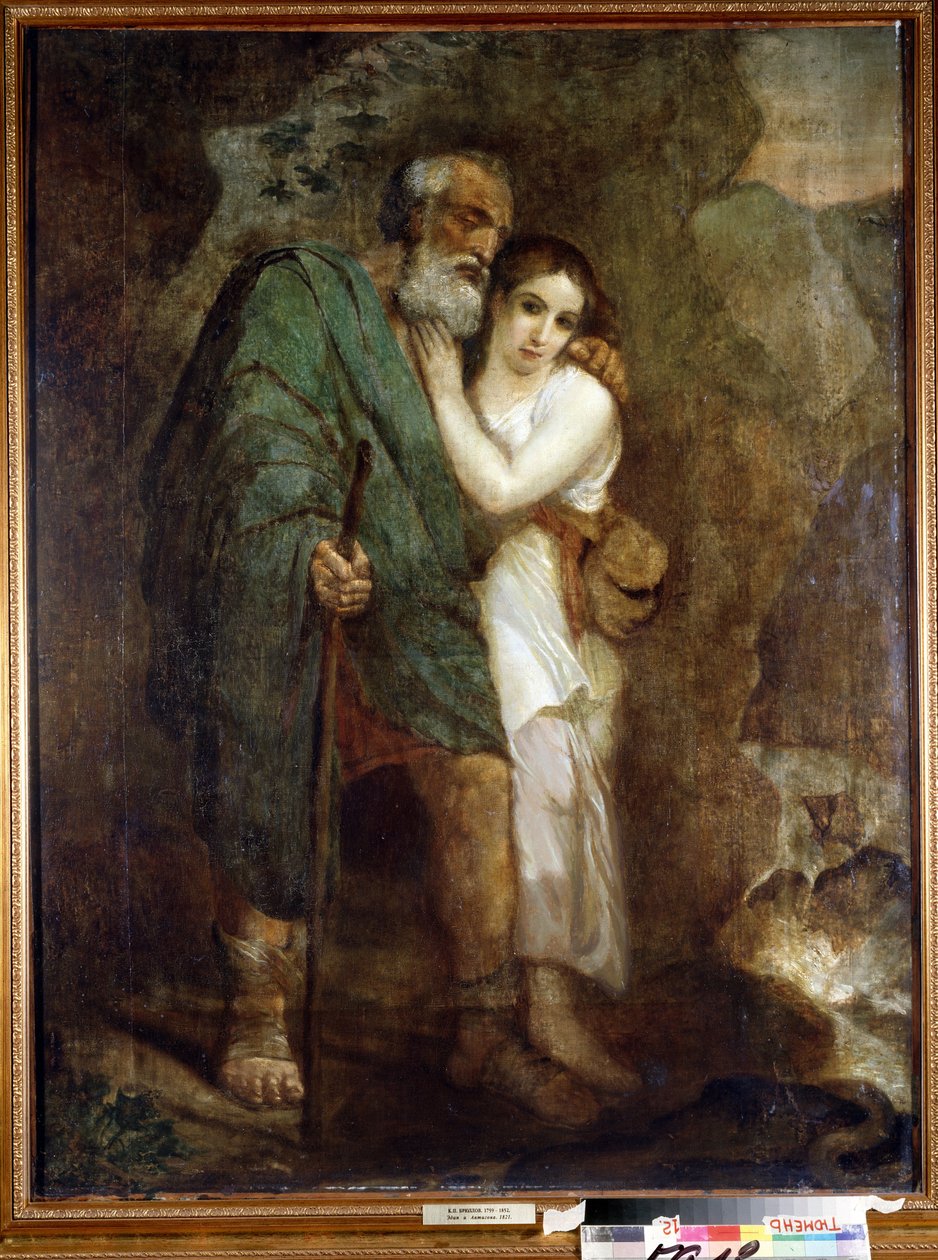 ""Édipo e Antígona"" A jovem ajuda o velho pai cego a andar. Pintura de Karl Pavlovich Briullov (Bryullov) (1799-1852) 1821 State Art Museum, Tyumen de Karl Pavlovich Bryullov