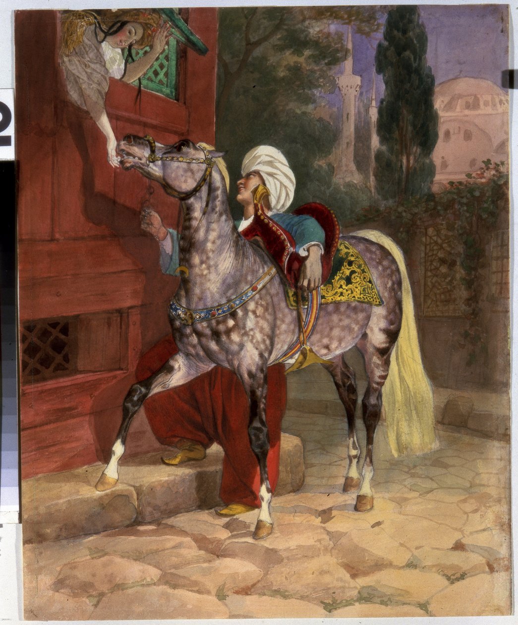 Rendezvous em Constantinopla (agora Istambul, Turquia). Um jovem de turbante corteja uma jovem que está inclinada para fora da janela para oferecer açúcar ao seu cavalo. No fundo, a Basílica e Mesquita de Santa Sofia. Obra de Karl Pavlovich de Karl Pavlovich Bryullov
