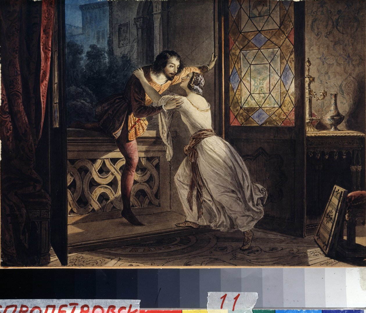 Romeu e Julieta. Um homem a subir uma varanda para se encontrar com uma mulher num encontro secreto. Pintura de Karl Pavlovich Briullov (Briullov) (1799-1852). Aguarela a bordo, ca. 1830, 23,2 x 31,5 cm, art rus de Karl Pavlovich Bryullov