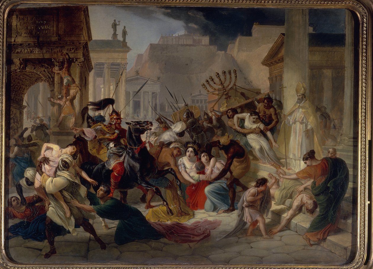 Sack of Rome em 455: Genseric (ou Geiseric) (ca. 399-477) e os Vândalos invadem Roma (Geiseric, o Manco, invade Roma). Saqueiam a cidade e levam a Menorah (Menora) Pintura de Karl Pavlovich Briullov (Brioullov) (1799-1852) de Karl Pavlovich Bryullov