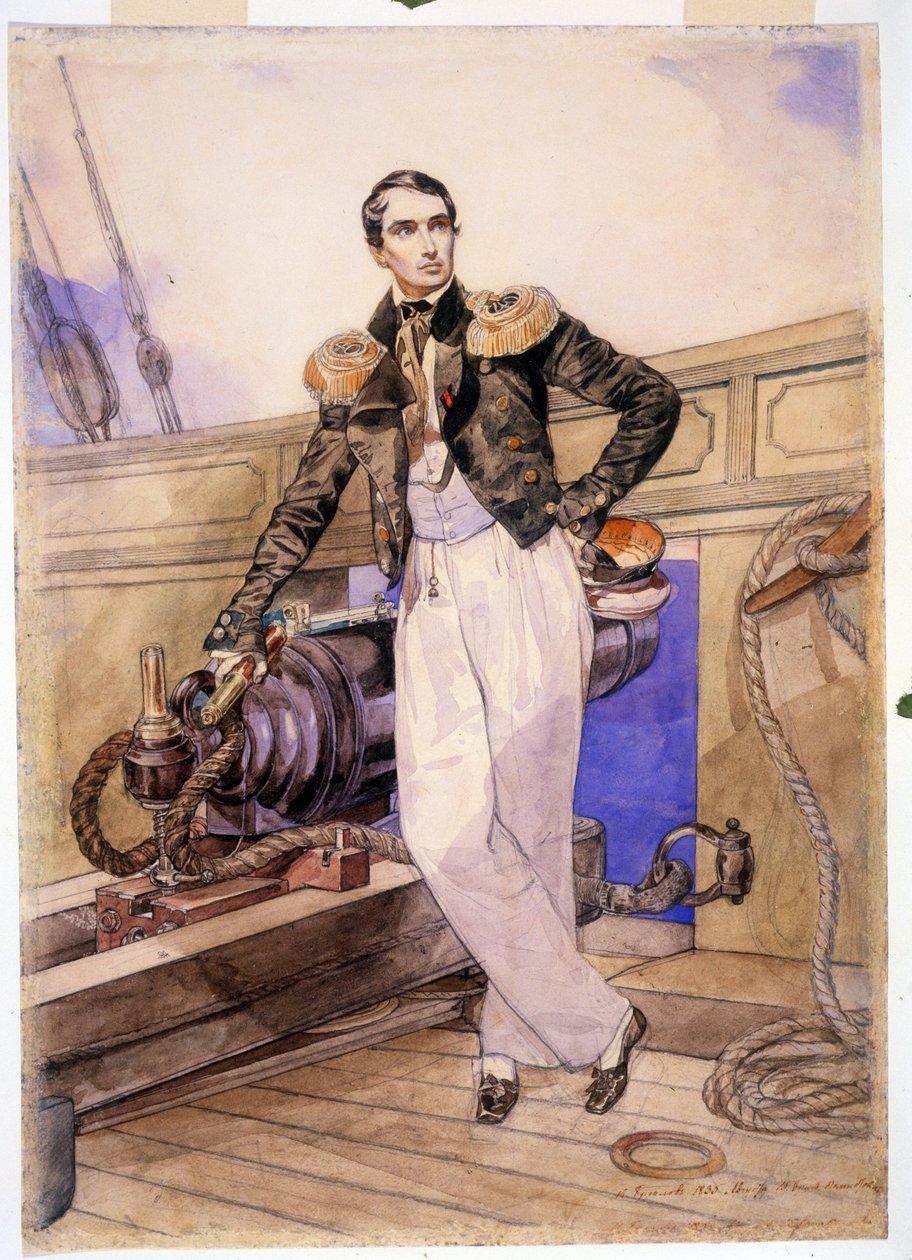 Vladimir Alekseyevich Kornilov 1806-1854) a bordo do brigue Themistocle. Oficial naval e chefe de estado-maior da frota do Mar Negro, herói da Guerra da Crimeia (1853-1856), está no meio do mar. de Karl Pavlovich Bryullov