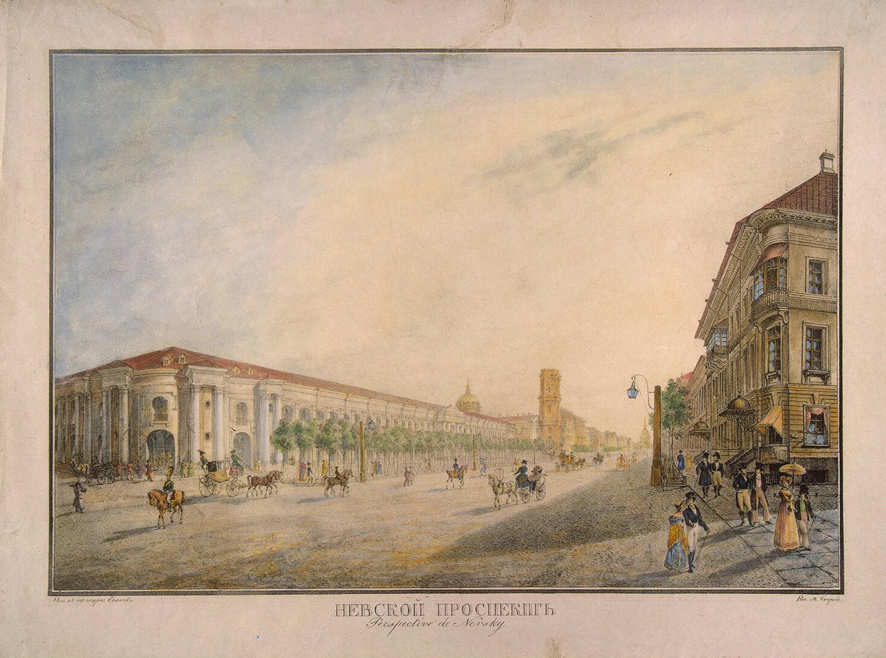 Vista de Nevsky Prospekt perto do Gostiny Dvor em São Petersburgo, 1823 de Karl Petrovich Beggrov