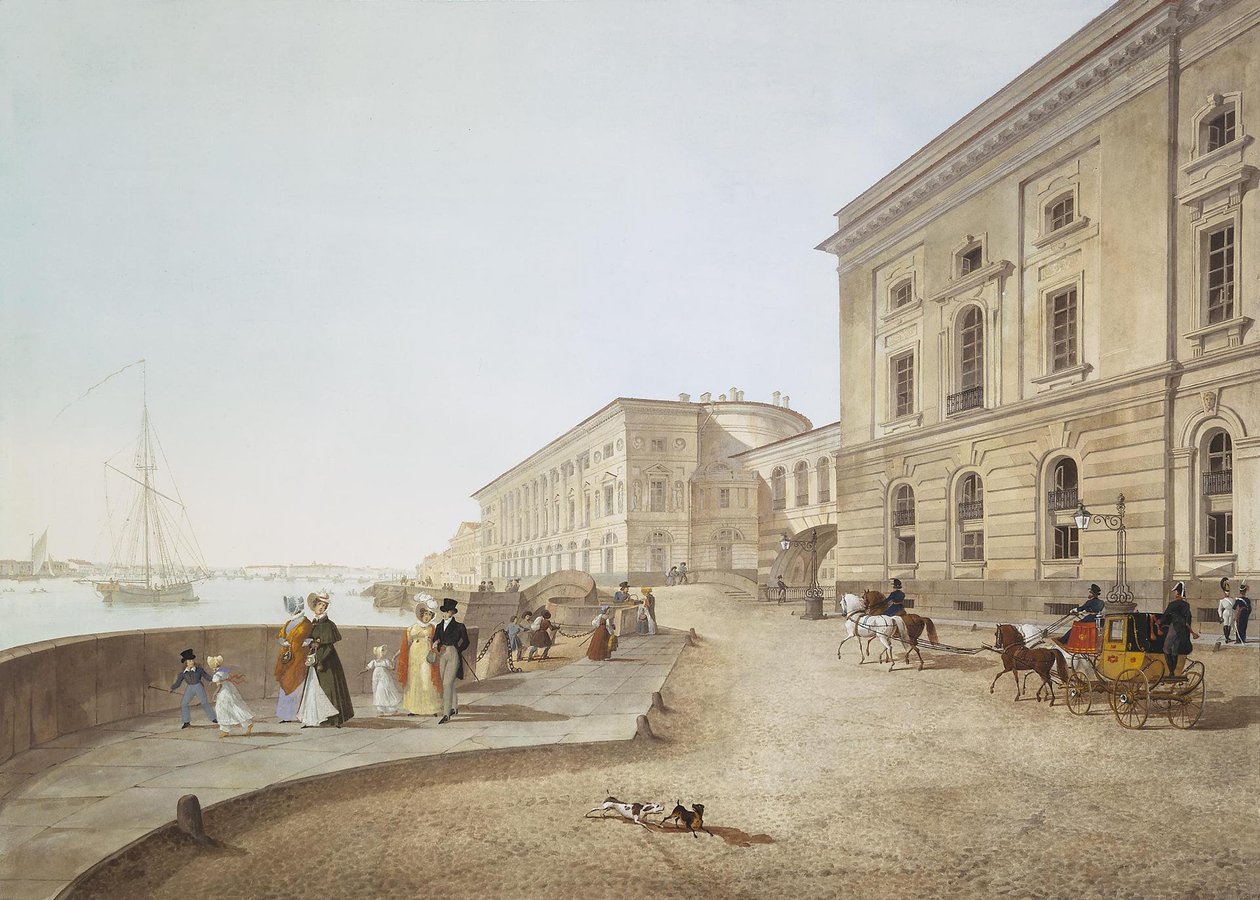 Vista do aterro de Neva pelo antigo edifício Hermitage, 1824 de Karl Petrovich Beggrov