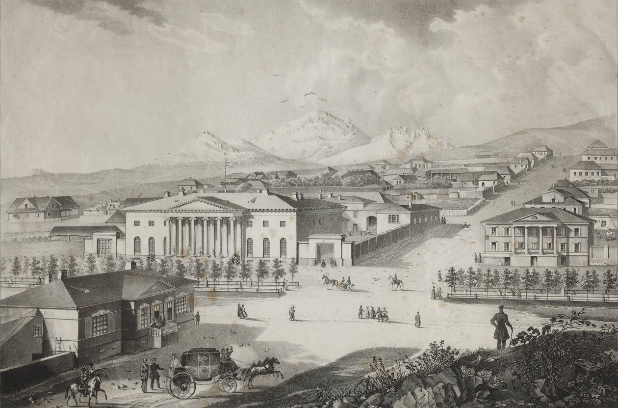 Vista do hotel e do centro de Pyatigorsk, meados do século XIX de Karl Petrovich Beggrov
