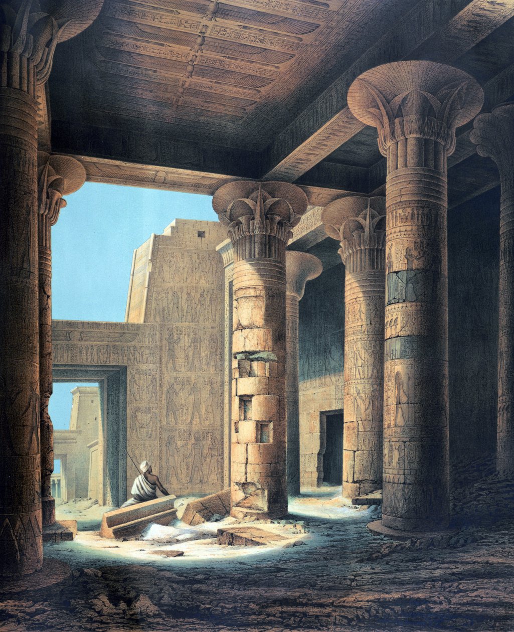 Interior do Templo de Philae". Litografia segundo Karl Richard Lepsius (1810-1884), egiptólogo prussiano. Colunas do Templo de Ísis, principal deusa do antigo Egito, irmã e esposa de Osíris. de Karl Richard Lepsius