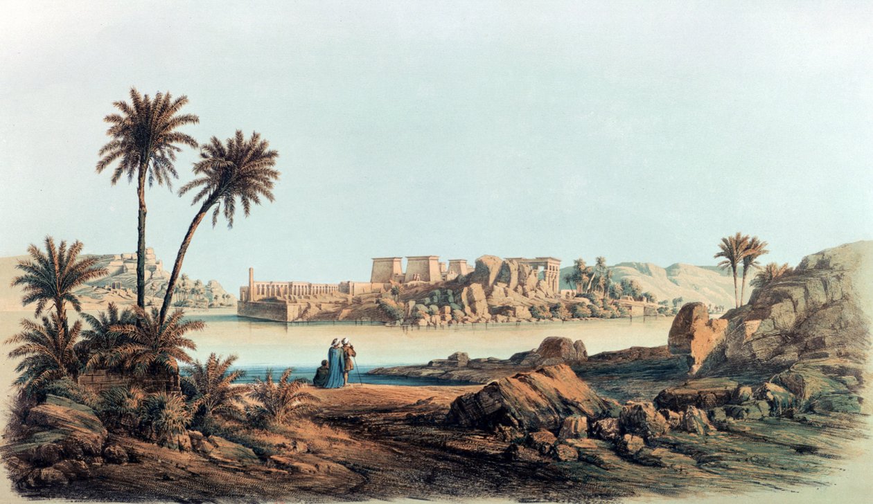 Vista de Philae". Litografia segundo Karl Richard Lepsius (1810-1884), egiptólogo prussiano. Vista do outro lado do Nilo para os templos da ilha de Philae. de Karl Richard Lepsius