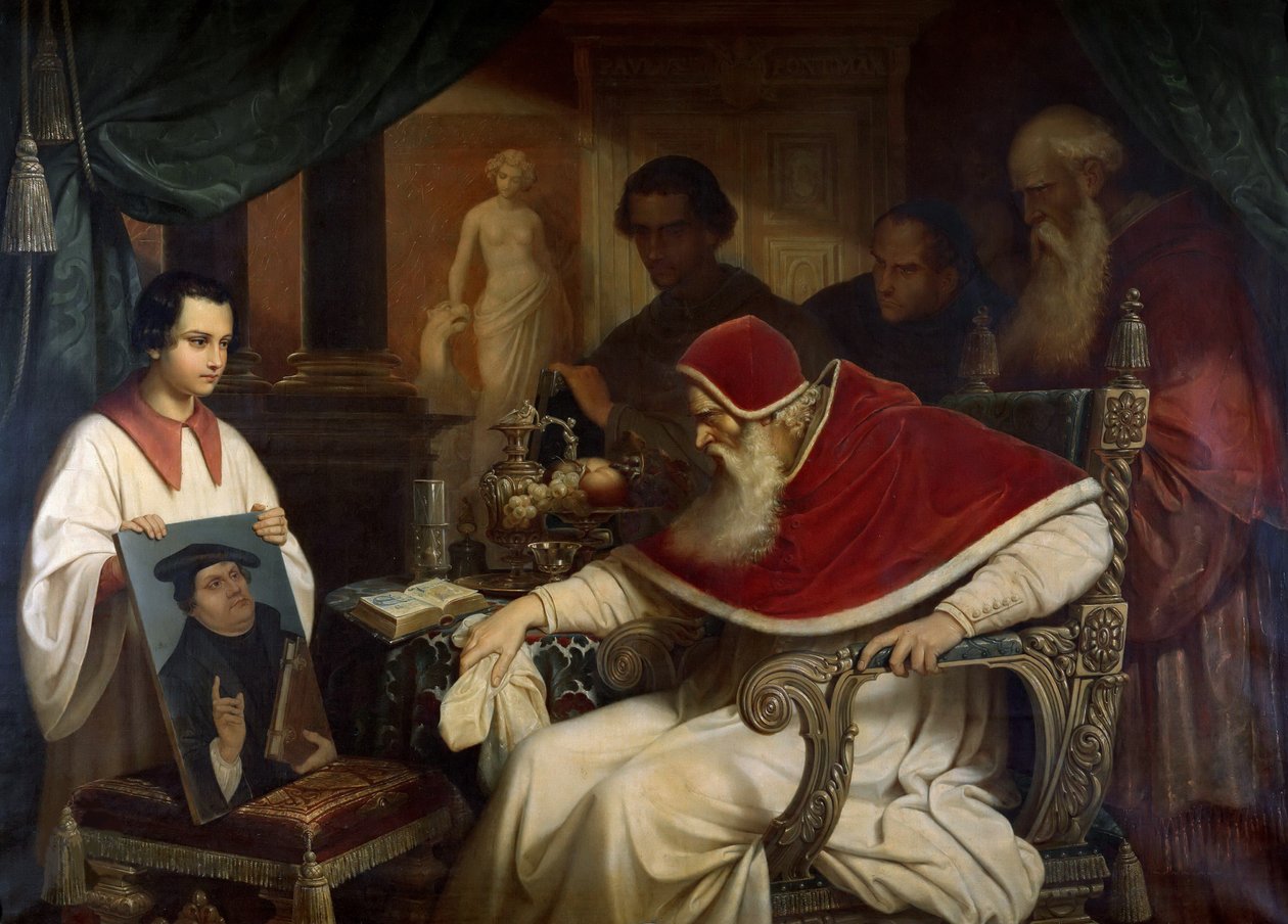 Papa Paulo III 1468-1549 vendo Retrato de Lutero de Cranach, 1838-1839. de Karl Schorn