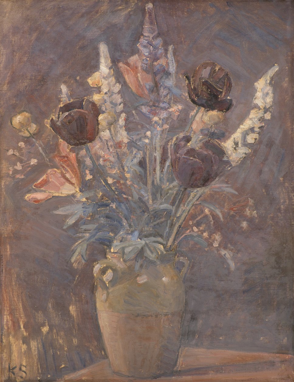 Vaso de barro com tulipas e outras flores de Karl Schou