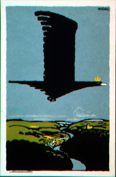 Cartão postal após a capa da brochura "Os banhos e a guerra", de "Das Plakat", uma colecção de arte de cartazes alemã de Karl Schulpig