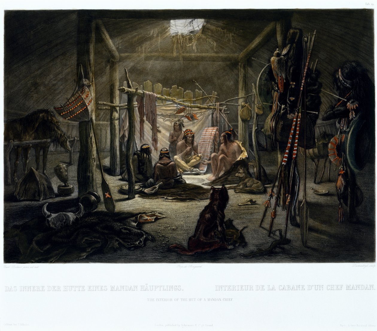 O Interior da Cabana de um Chefe Mandan, gravado por Narcisse Edmond Desmadryl (n.1801) c.1835 (gravura com aquatint) de Karl after Bodmer