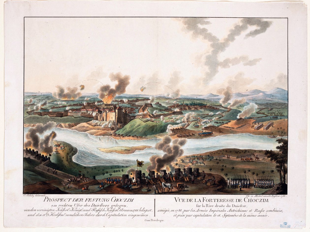 O cerco de Khotyn (Chocim, Chotyn, Hotin, Choczim ou Khotine, Ucrânia) em 1788 - Schuetz, Carl (1745-1800) - 1788 - Gravura em cobre, aguarela - 36,6x48,3 - Colecção Privada de Karl von (after) Schutz