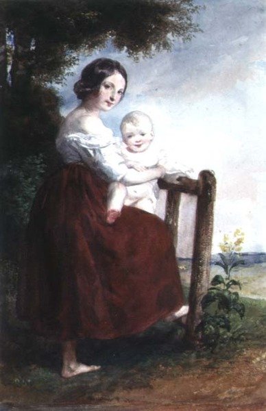 Menina, segurando, um, Baby :, paisagem, fundo de Karoly or Charles Brocky