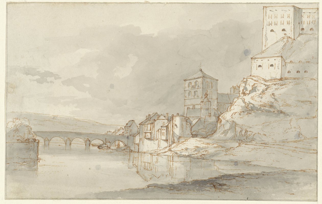 Vista rio com ponte em arco e fortificações na margem direita de Kasparus Karsen (possibly)