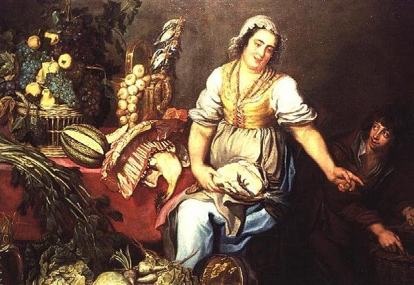 Cozinha Natureza Morta com frutas, legumes e uma menina segurando uma galinha de Kasper or Gaspar van den Hoecke