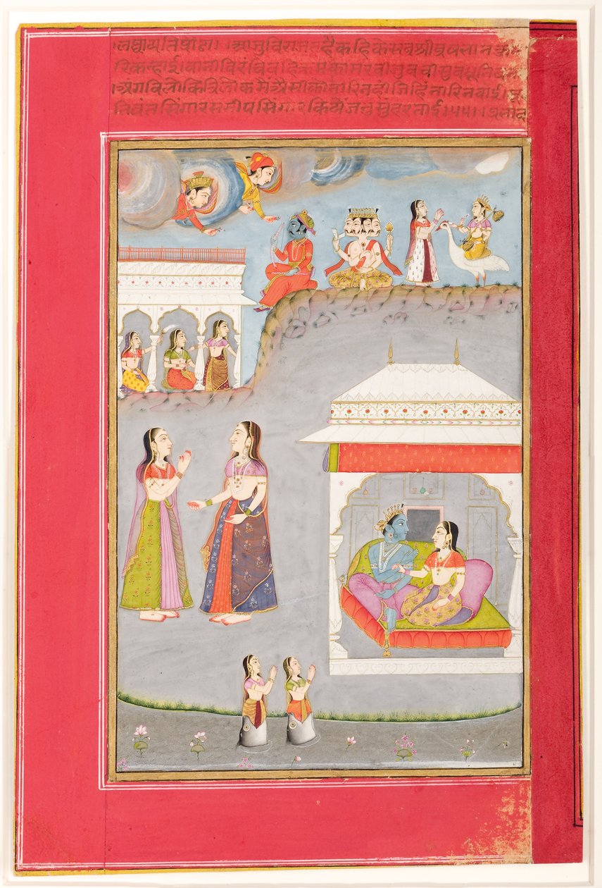Labdhapraudha Nayika: Amantes em um pavilhão, Kama, Brahma e Sarasvati acima, 1750 (wc opaca e ouro sobre papel) de Kassam