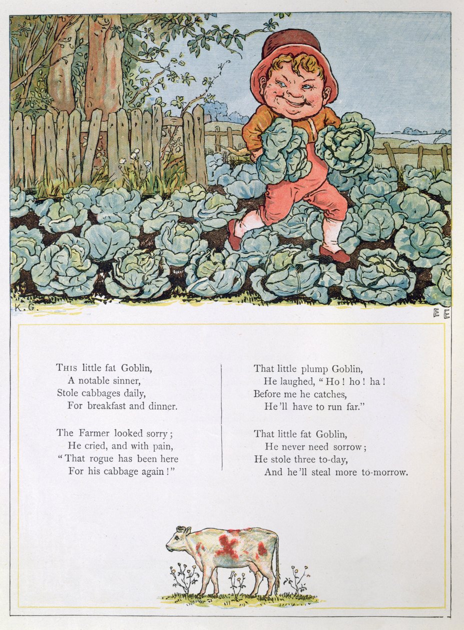Um goblin roubando repolhos, ilustração para um poema de &39;debaixo da janela&39; de Kate Greenaway