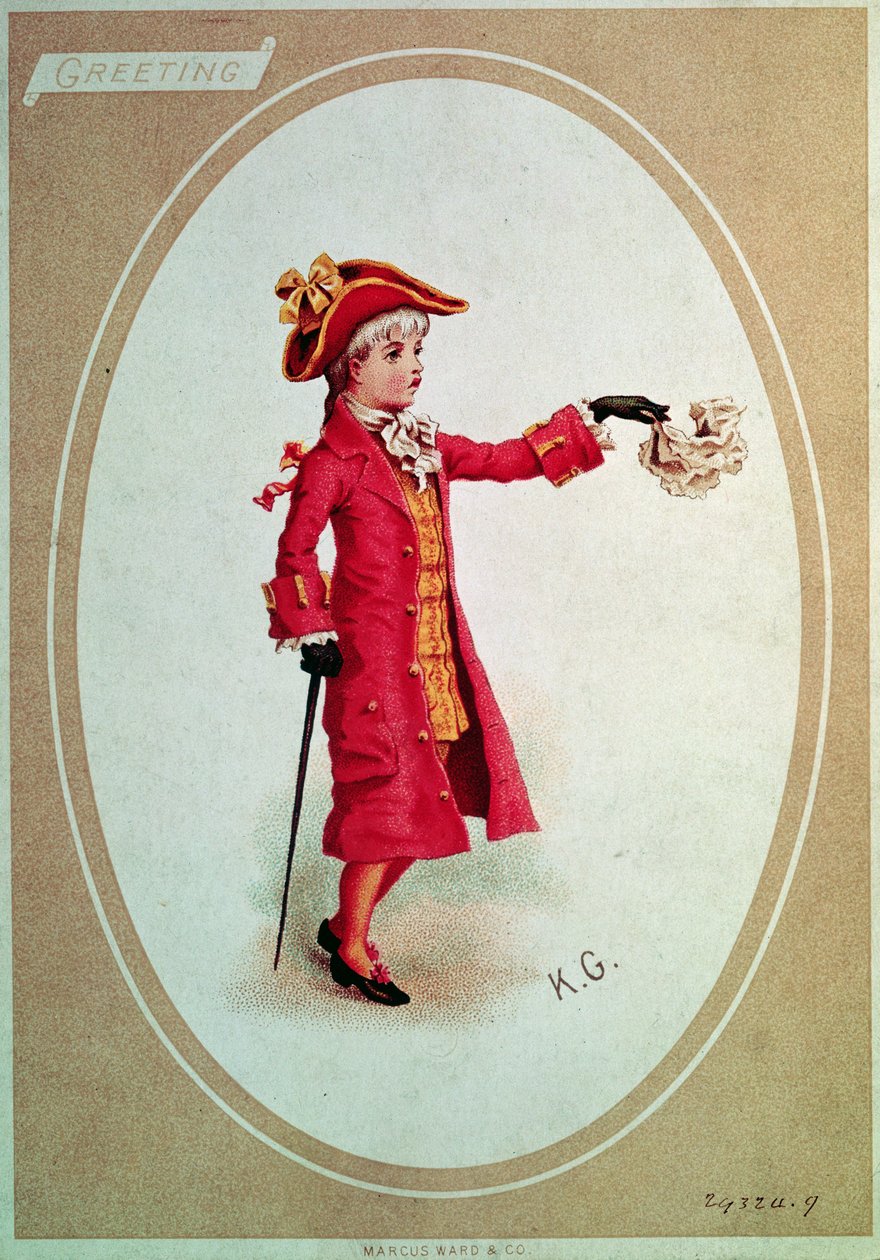Menino vestido de escarlate (cartão vitoriano) de Kate Greenaway