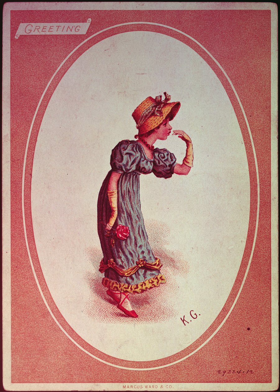 Menina, desgastar, um, palha, capota, (greetings, card) de Kate Greenaway