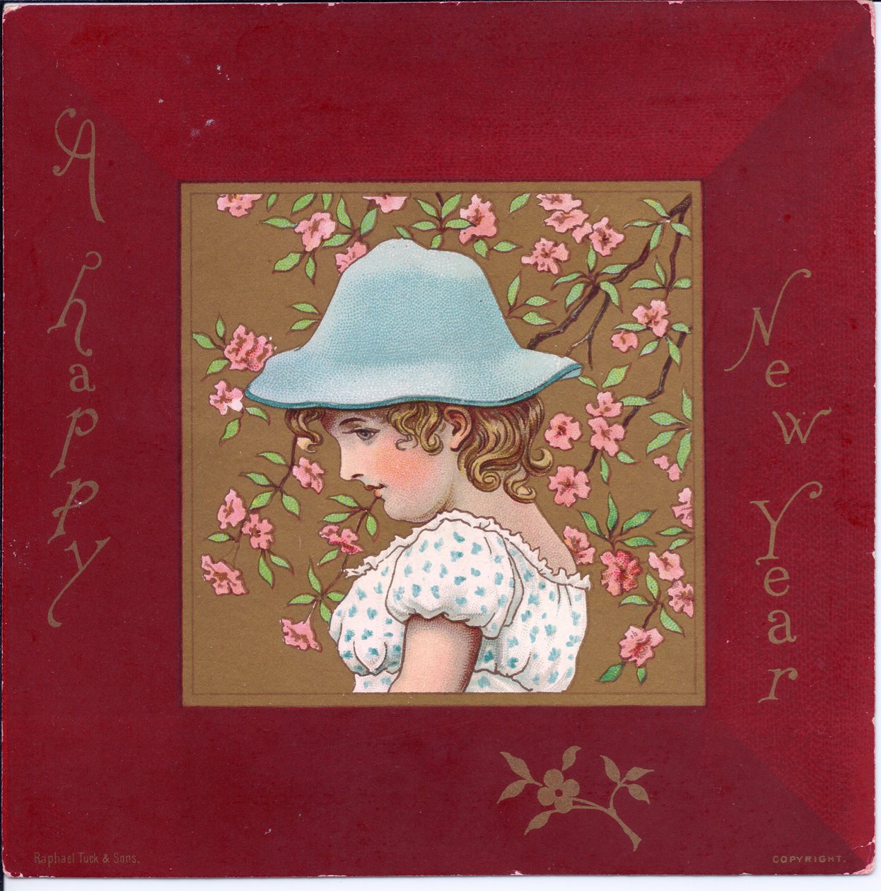 Um, vitoriano, cartão natal, de, um, menina, vestido, em, regency, roupas, segurando, um, cesta flores, c.1880 de Kate Greenaway