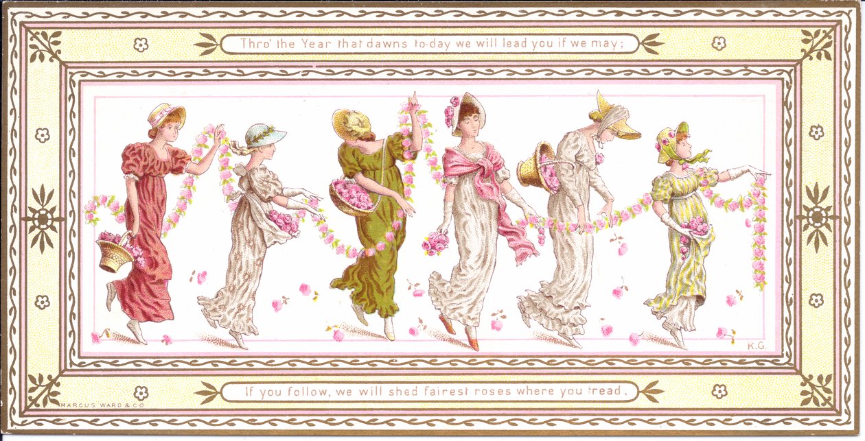Um cartão vitoriano de uma criança com um lenço amarelo em volta do pescoço, c.1880 de Kate Greenaway