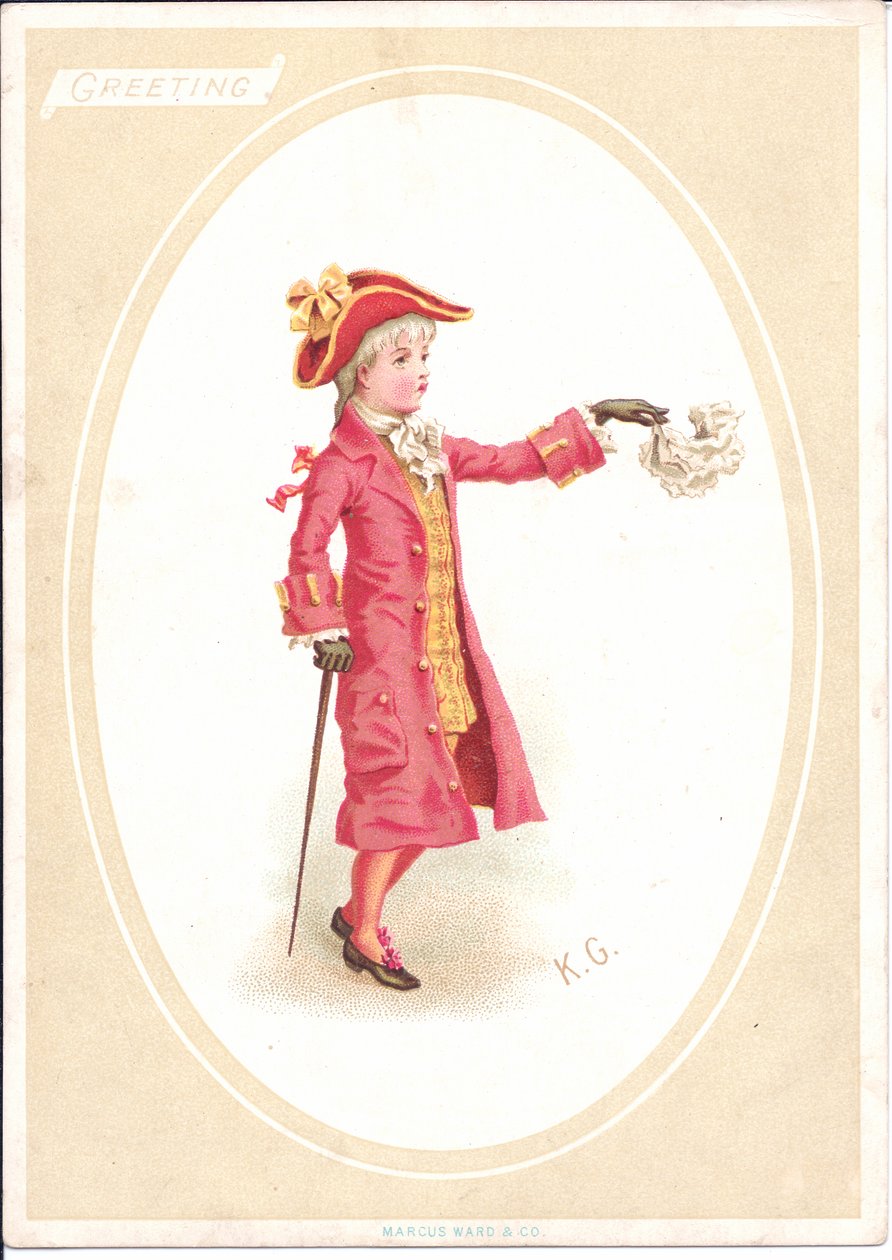 Um cartão vitoriano de crianças sentadas em uma mesa de jantar, enquanto que um vestido como um cozinheiro aguça a faca, c.1880 de Kate Greenaway