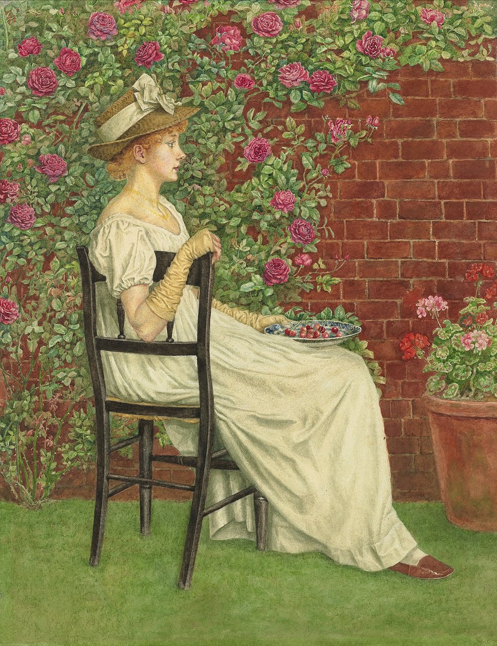 Uma jovem sentada em uma cadeira, uma tigela de cerejas na mão, de Kate Greenaway
