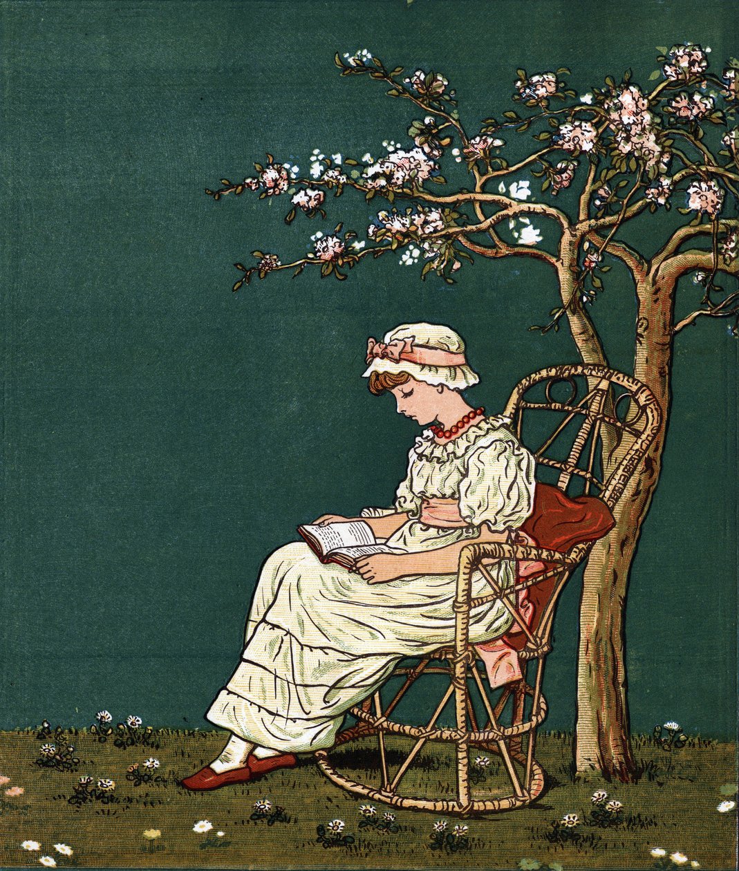 Uma menina a ler debaixo de um lilás. Ilustração de Kate Greenaway (1846-1901), do livro de contos e rimas infantis "Under The Window" (1879), editado por Edmund Evans. de Kate Greenaway