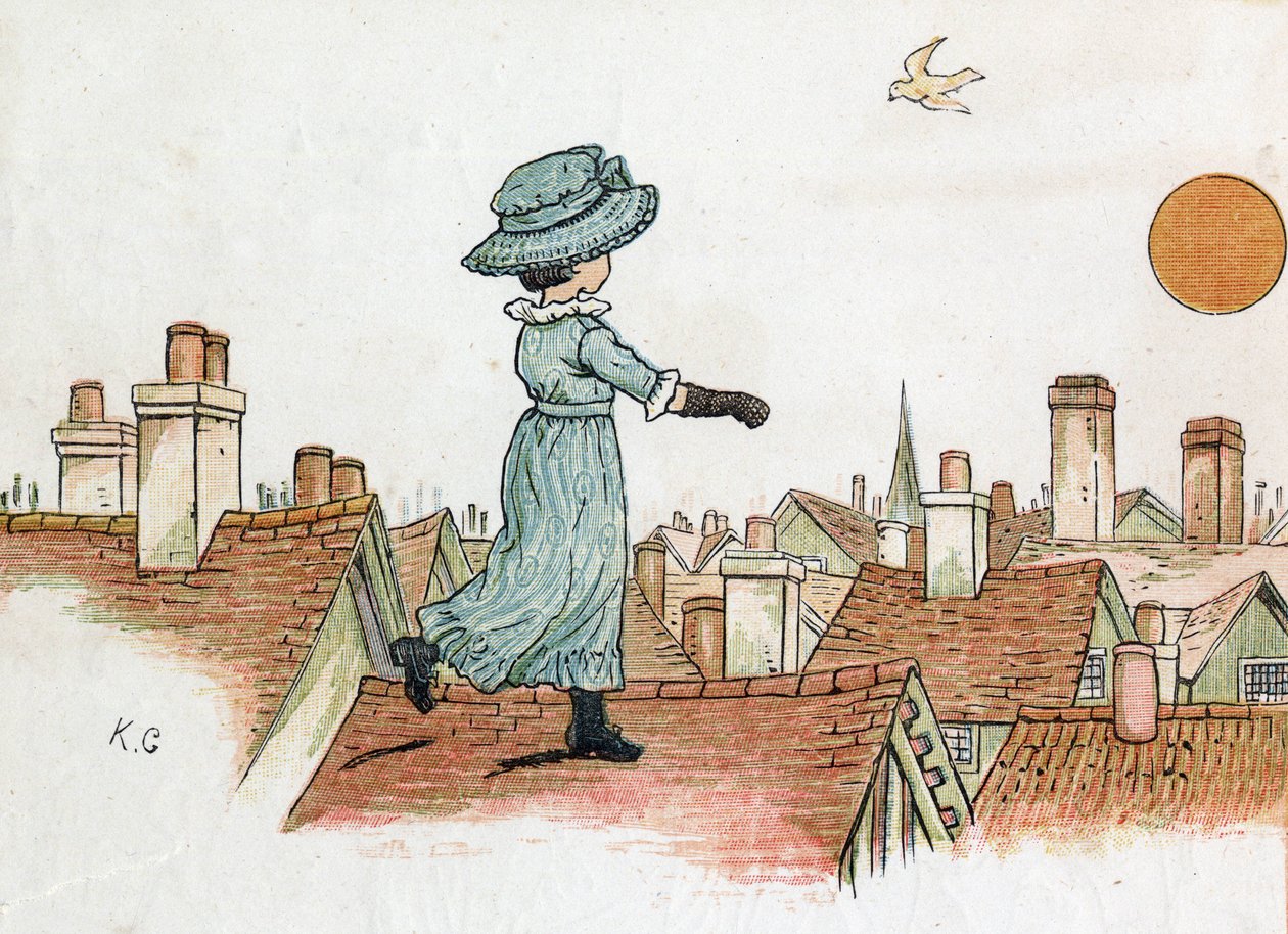 Uma menina caminhando nos telhados de uma cidade de madrugada em direção ao sol. Ilustração de Kate Greenaway (1846-1901), do livro de contos e rimas infantis "Under The Window" (1879), editado por Edmund Evans. de Kate Greenaway