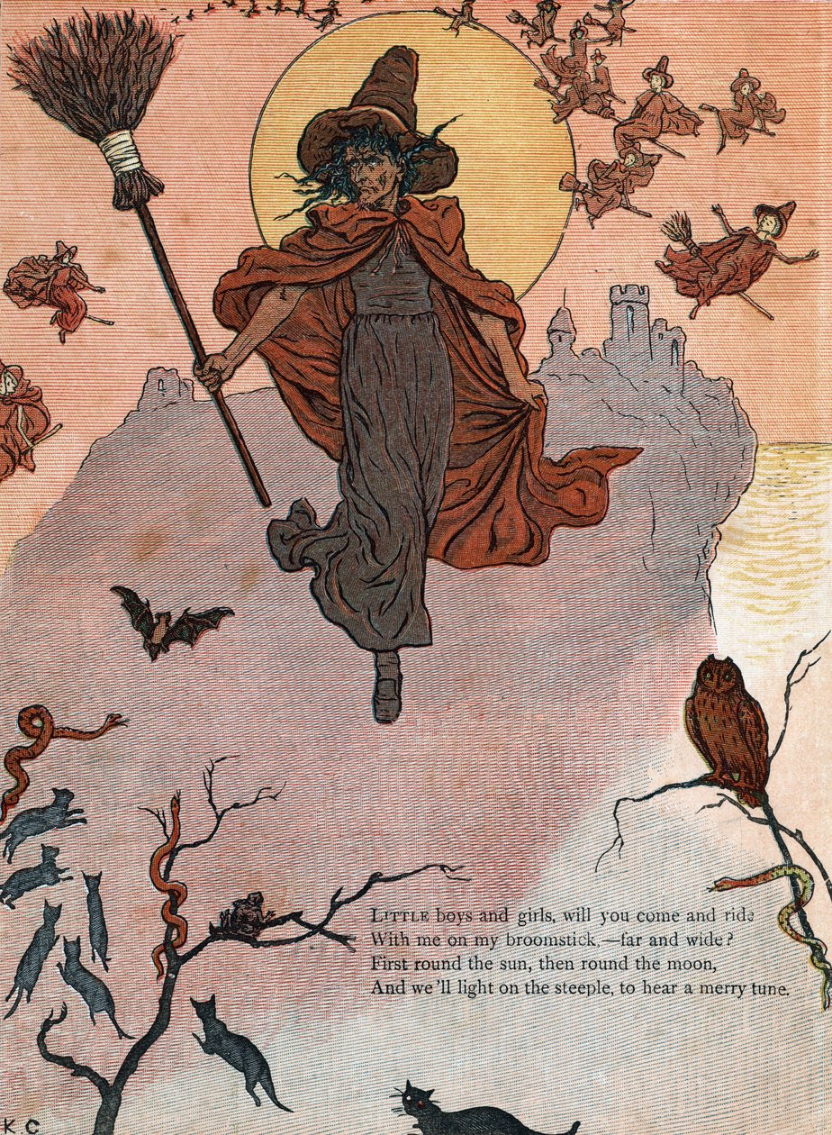 Uma bruxa e a sua vassoura rodeadas de gatos pretos, morcegos e corujas. (Meninos e meninas, podem vir e cavalgar comigo na minha vassoura?) Ilustração de Kate Greenaway (1846-1901) do livro de contos e rimas infantis "Under The Window" para crianças de Kate Greenaway