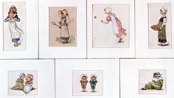 Colecção de miniaturas de aguarelas de crianças a brincar de Kate Greenaway