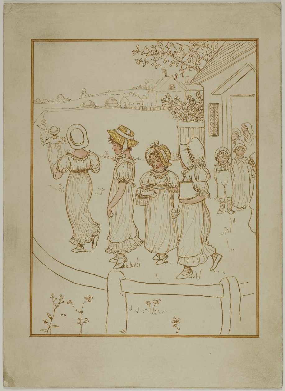 Garotas descendo uma pista de Kate Greenaway