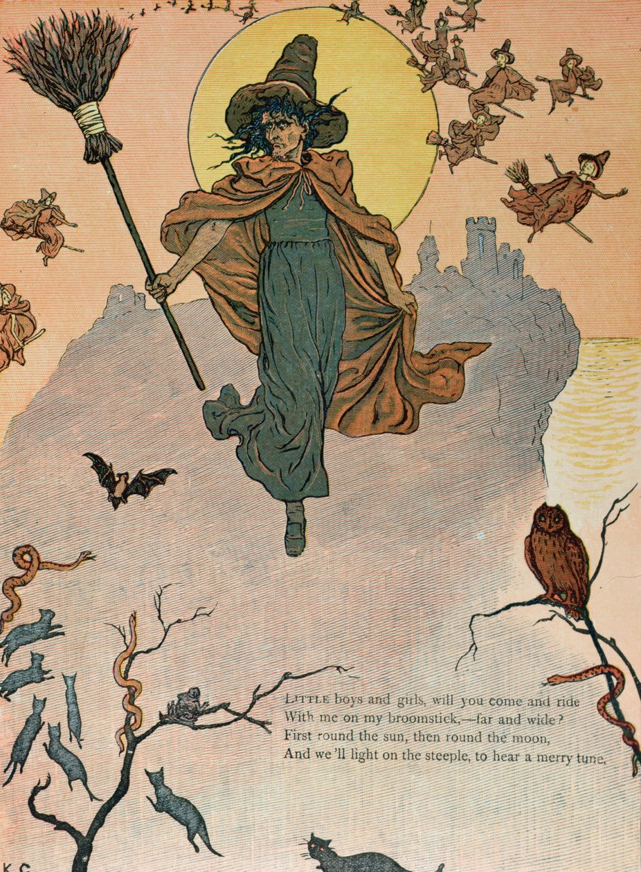 "Meninos e meninas, vocês virão comigo na minha vassoura", Ilustração de "Sob a janela" do artista, no final do século XIX de Kate Greenaway