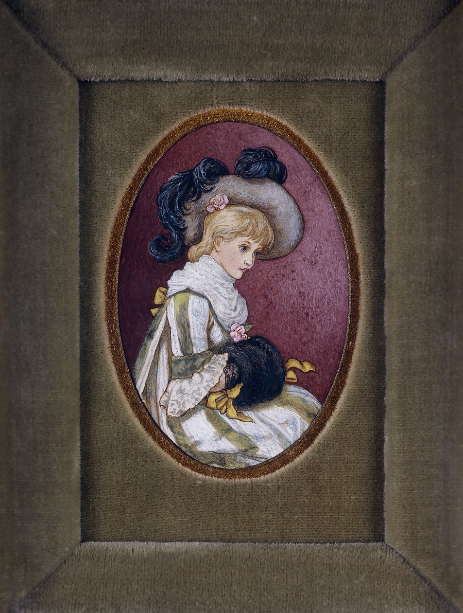 Retrato oval de uma menina loira usando um chapéu de plumas com as mãos dentro do regalo de Kate Greenaway