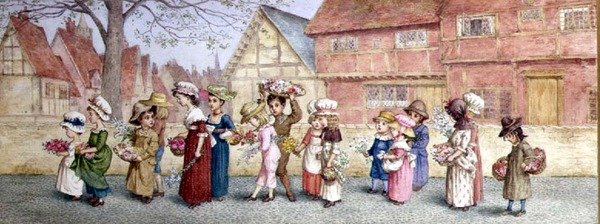 Procissão de Dezasseis Crianças Portadoras de Flores, c.1876 (aguarela sobre papel) de Kate Greenaway
