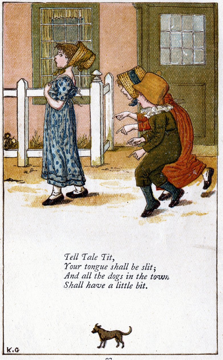 A tua língua será cortada: Ilustração de Kate Greenaway (1846-1901) para um livro de rimas infantis. Cromolitografia de Kate Greenaway