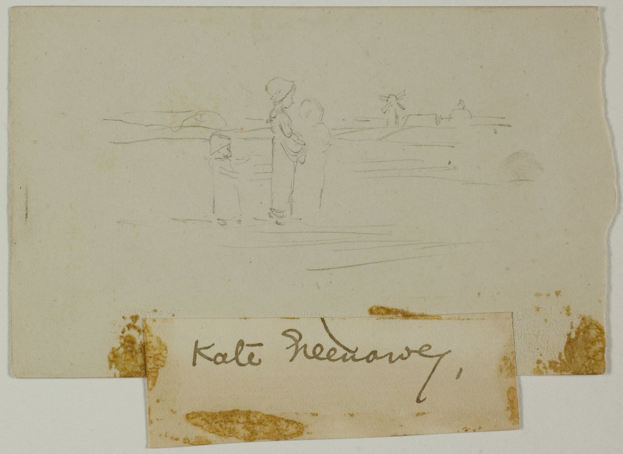 Três figuras em uma paisagem com um moinho de vento de Kate Greenaway
