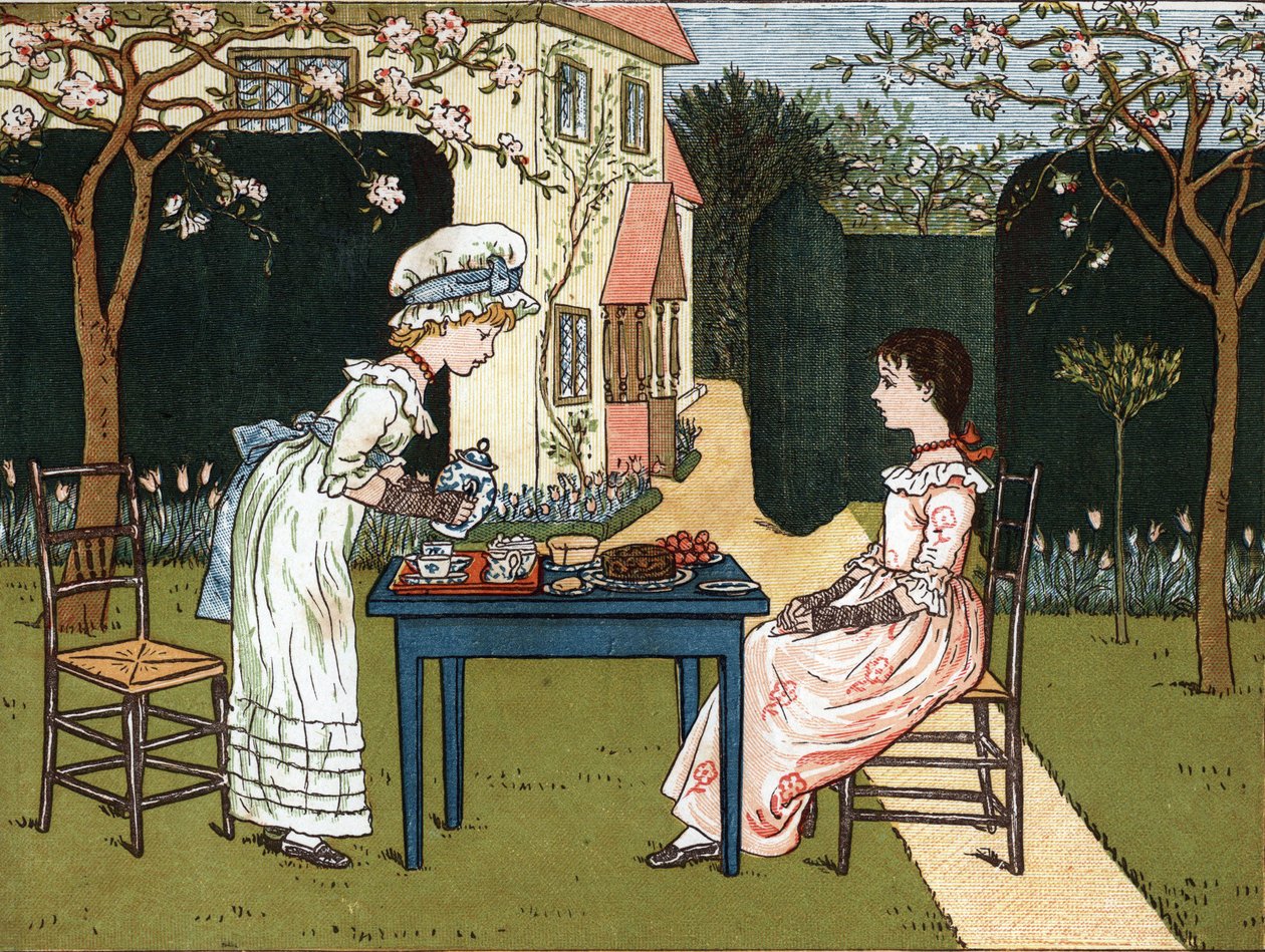 Hora do dia: duas jovens raparigas a prová-lo num jardim. Ilustração de Kate Greenaway (1846-1901), do livro de contos e rimas infantis "Under The Window" (1879), editado por Edmund Evans. de Kate Greenaway