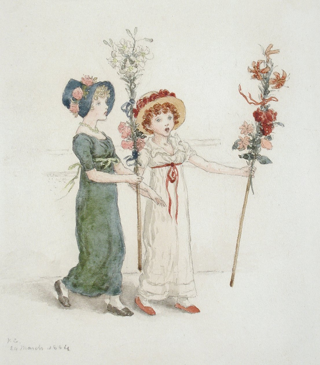 Duas crianças com bastões de Kate Greenaway