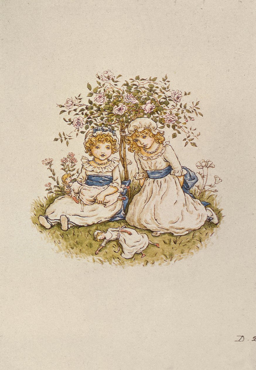 Duas meninas, com, bonecas, sentando, sob, um, roseira, 19o século de Kate Greenaway