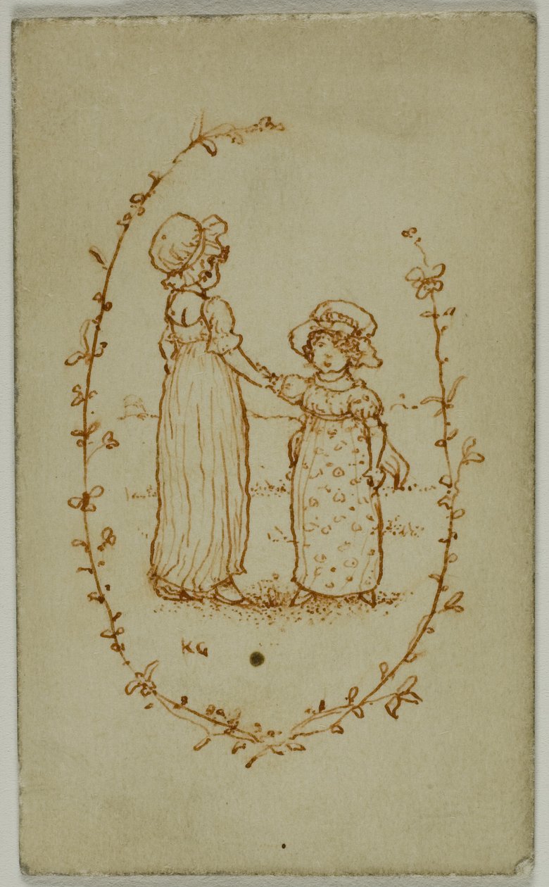Vinheta de Duas Garotas (reto); Atena (verso) de Kate Greenaway