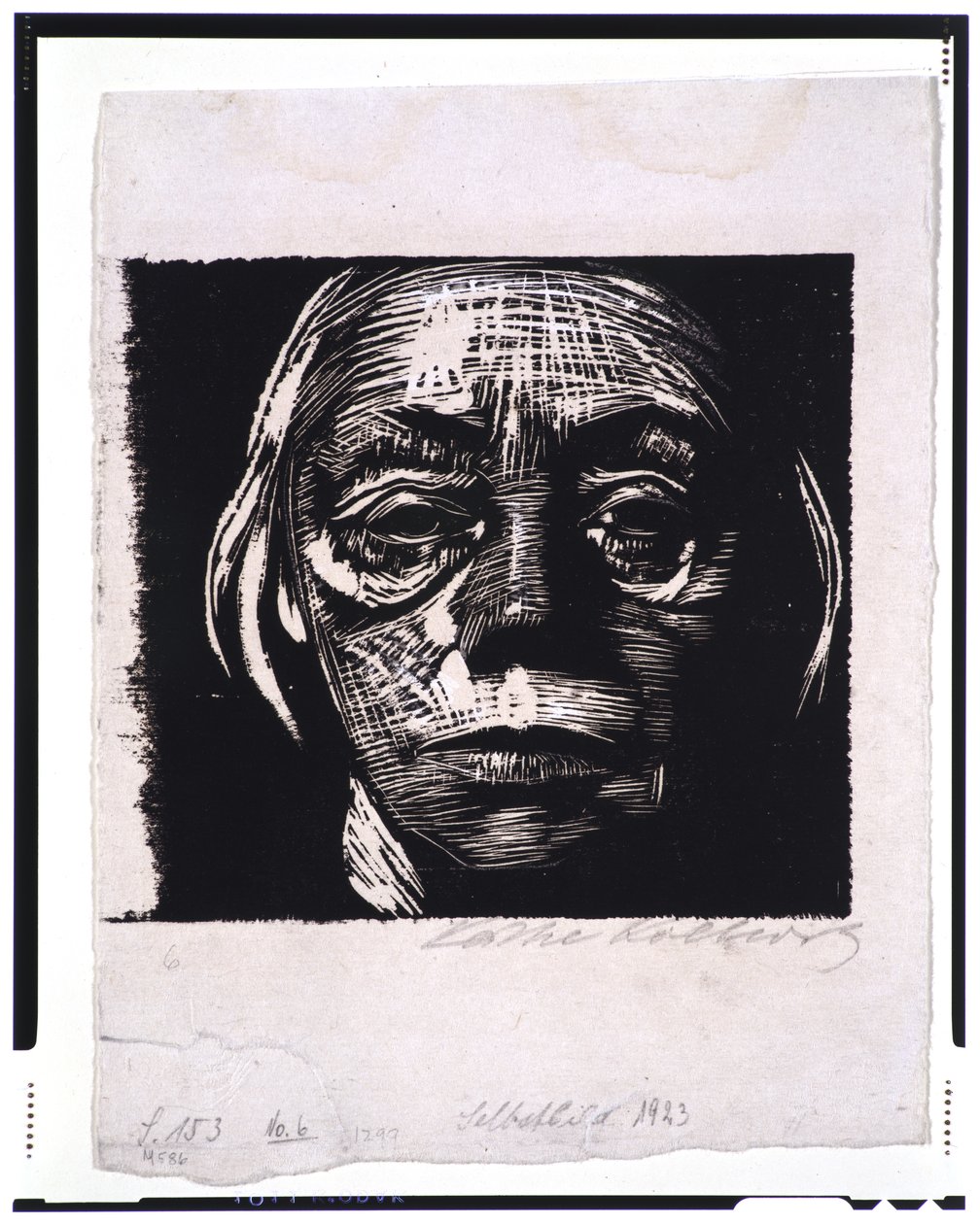 Auto-retrato, 1923 (xilogravura, prova tocada em papel de capa) de Käthe Kollwitz