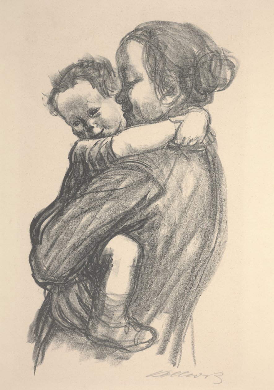 Rapaz de braços em volta do pescoço da mãe de Käthe Kollwitz
