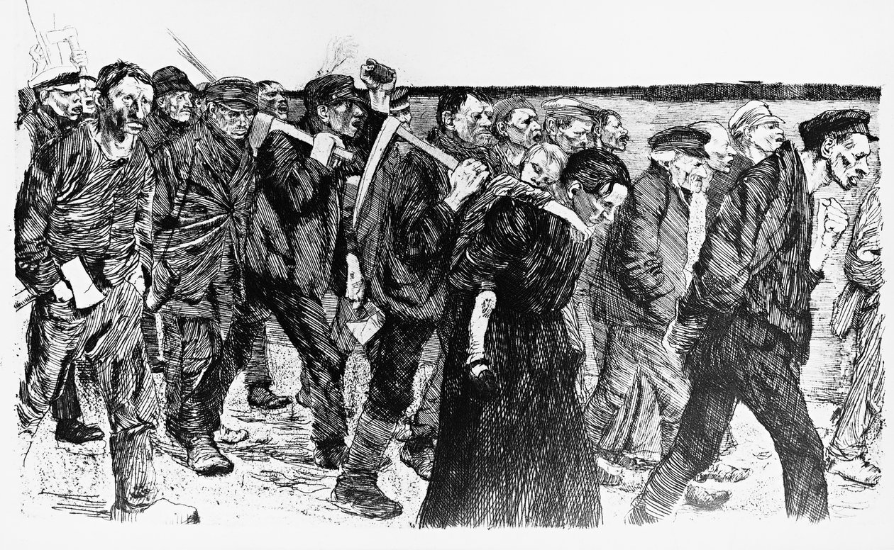 Demonstração de trabalhadores, ilustração de Kathe Kollowitz (1867-1945) para a ópera Die Weber (Os Tecelões) de Käthe Kollwitz