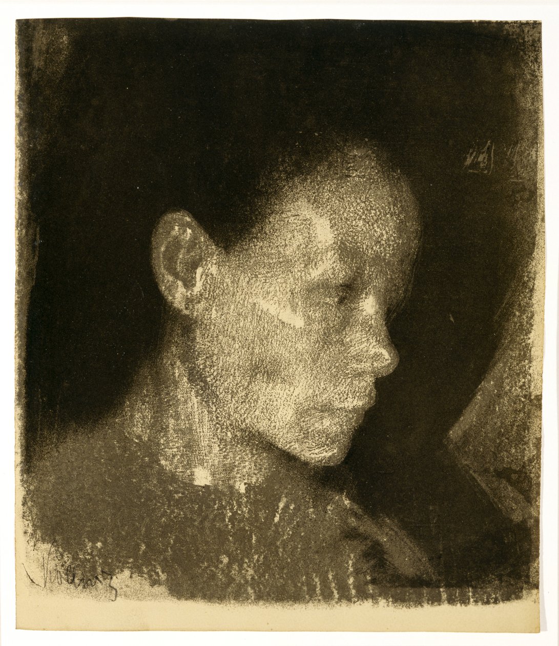 Chefe de uma mulher trabalhadora no perfil de três quartos voltada para a direita, 1905 (lito on tan paper) de Käthe Kollwitz