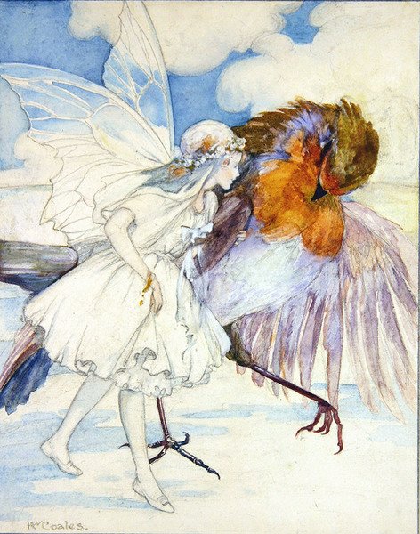 Cock Robin e a Fada das Flores (lápis e aguarela sobre papel) de Kathleen Wallis Coales
