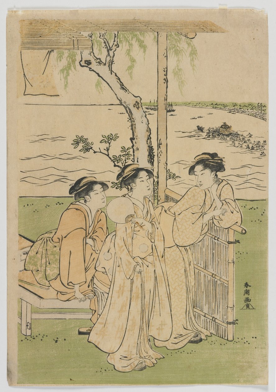 Três Belezas no Verão, Mulheres em Takanawa, período Edo, meados dos anos 1780 (impressão em xilogravura a cores) de Katsukawa Shuncho