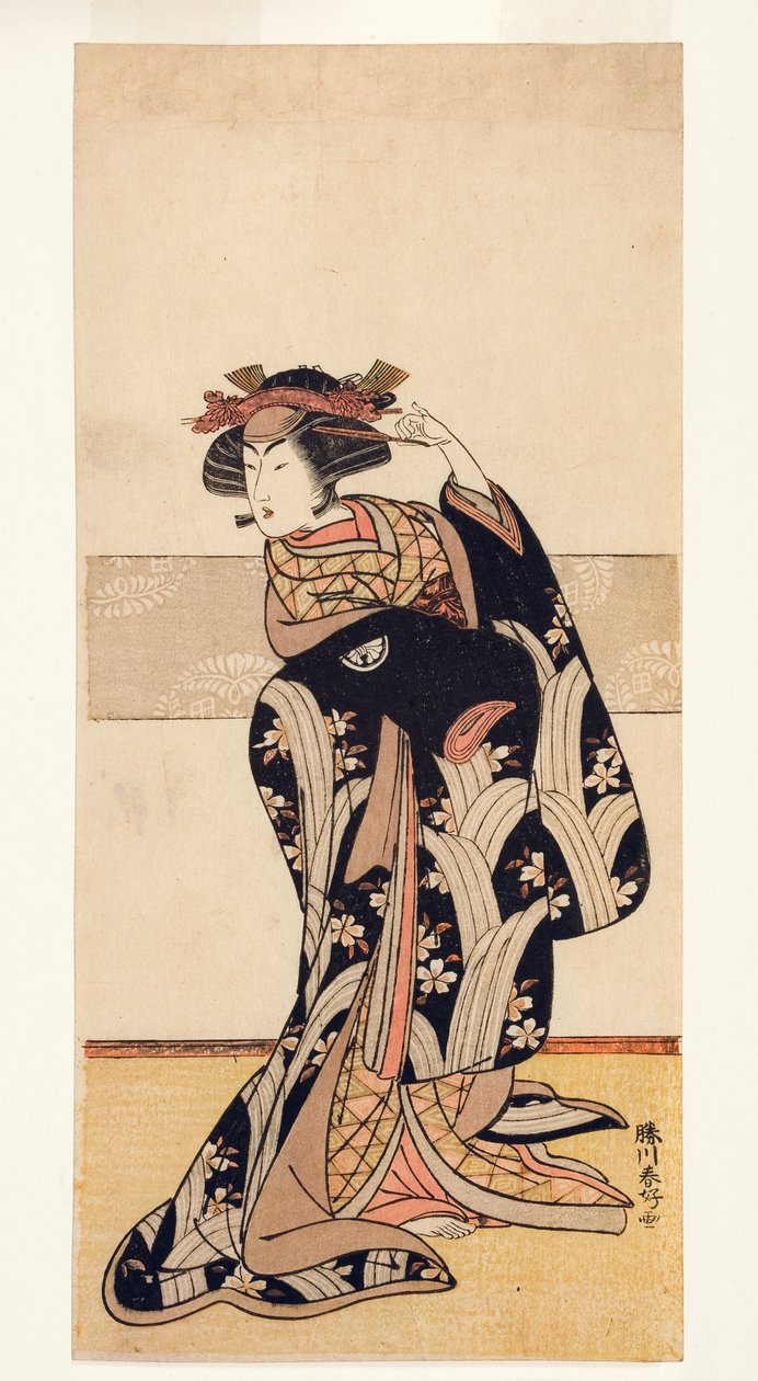 O ator Segawa Kikunojo III em um papel feminino, 1774-76 (woodblock) de Katsukawa Shunko