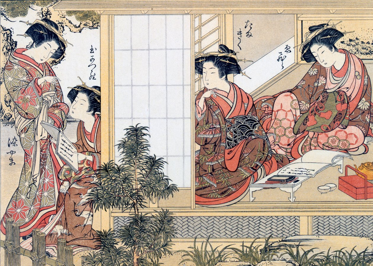 Mulheres japonesas lendo e escrevendo (impressão de woodblock de cor) de Katsukawa Shunsho