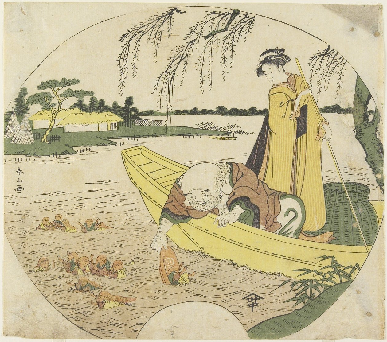 (Hotei Deus em um barco pegando Sho_jo_ goblins com uma taça de saquê), 1782-1789 de Katsukawa Shunzan